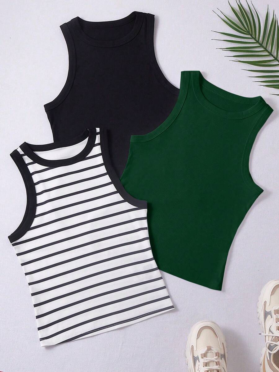 Chiquease Casual Versatile Minimalist Round Neck Fitted Tank Top - Dark Green - View 1