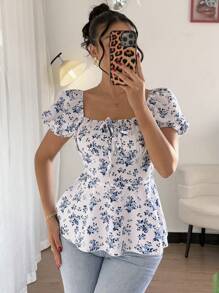 Rafferiza 女士优雅碎花衬衫 - 藍白色 - 查看 3