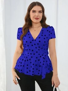 SHEIN Clasi 夏季大码优雅通勤波尔卡圆点印花裹身泡泡袖衬衫 - 寶藍色 - 查看 3