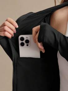 Gameset SHEIN Sport 女士纯色斜口袋前拉链连帽运动夹克 - 黑色 - 查看 3