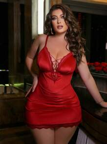 2pcs/Set Plus Size Solid Color Lace Trim Backless Camisole Slip Dress Lingerie Set - Burgundy - View 1