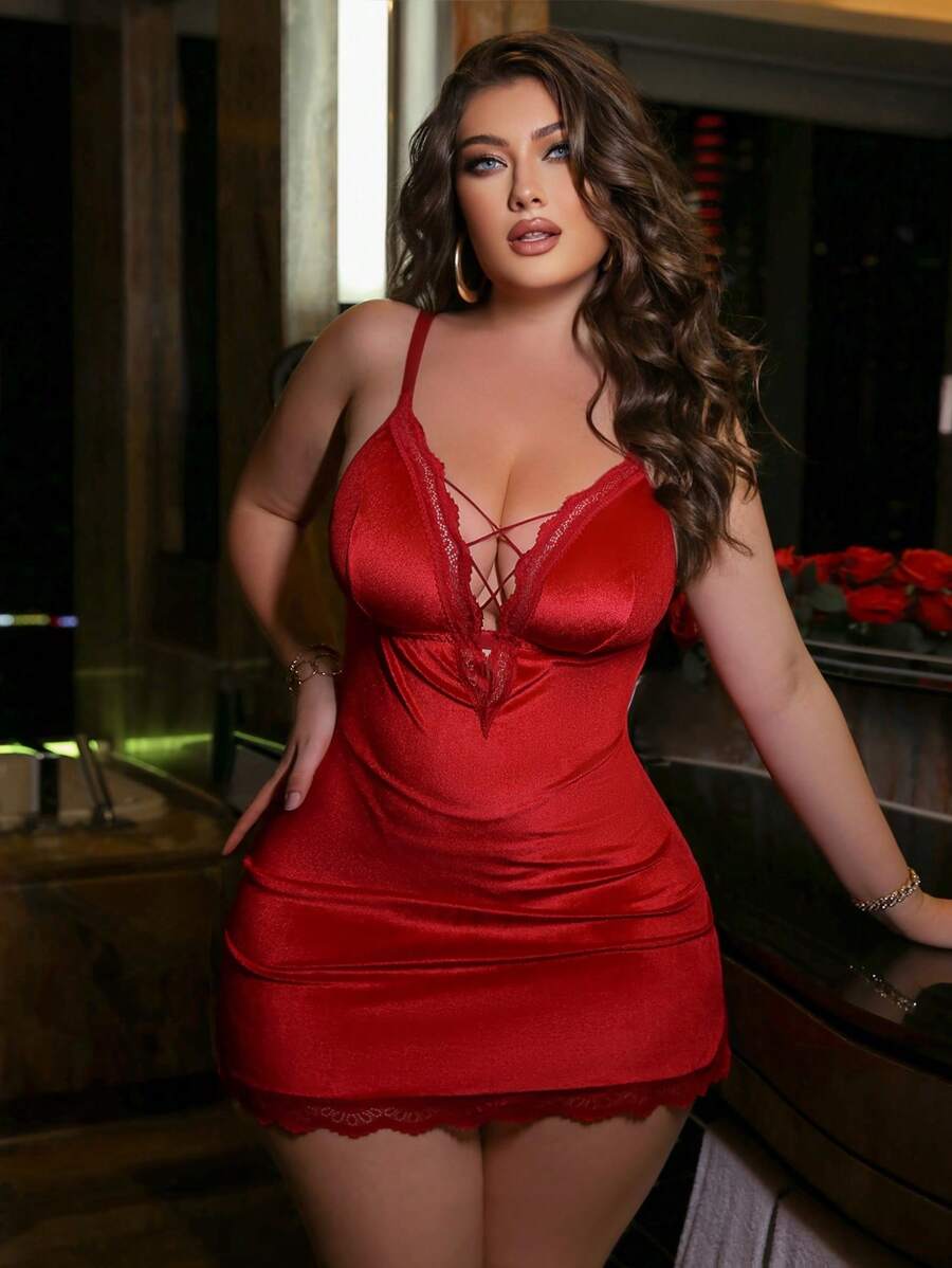 2pcs/Set Plus Size Solid Color Lace Trim Backless Camisole Slip Dress Lingerie Set - Burgundy - View 1