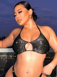 Swim SXY Top de traje de baño con empate y material brillante con lentejuelas para tallas grandes para el verano y la playa