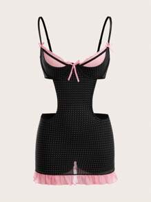 Sweetina Vestido ajustado con volantes, cintura alta, parches de malla a lunares rosas y decoración de lazo