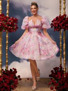 Lovelzi 春夏优雅浪漫粉色欧根纱 3D 花卉印花形领泡泡袖泡泡袖婚礼宾客礼服，适合晚餐约会单身派对返校季毕业季成人婚礼活动舞会礼服 - 彩色 - 查看 3