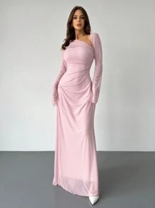 SHEIN Privé Vestido largo de manga larga asimétrico de hombro con malla color rosa pálido, vestido plisado extra largo, vestido rosa, vestido para el Día de San Valentín
