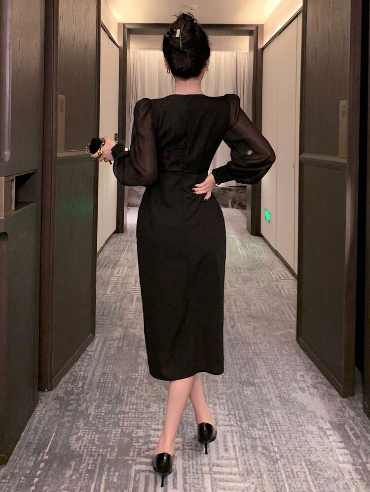 V-Neck Sequin Puff Sleeve Split Ruffle Hem Mid-Length Dress For Women Prom Dress,Fall Dress Long Sleeve Dress Elegant Women Dresses