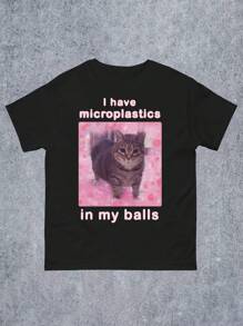 Manfinity Dauomo Plus Size Men's T-Shirt With Funny "My Ball Has Microplastic" Cat Meme Print - Black - View 1