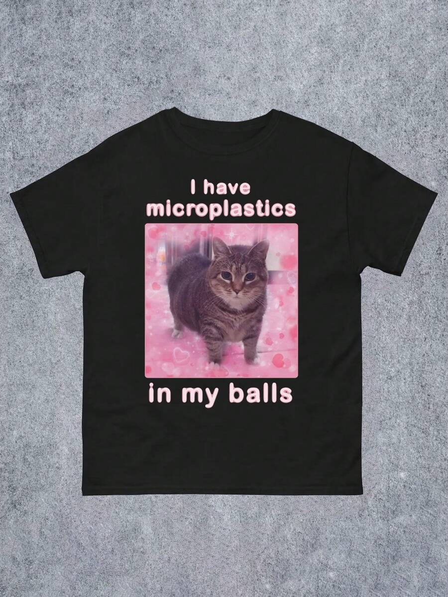 Manfinity Dauomo Plus Size Men's T-Shirt With Funny "My Ball Has Microplastic" Cat Meme Print - Black - View 1