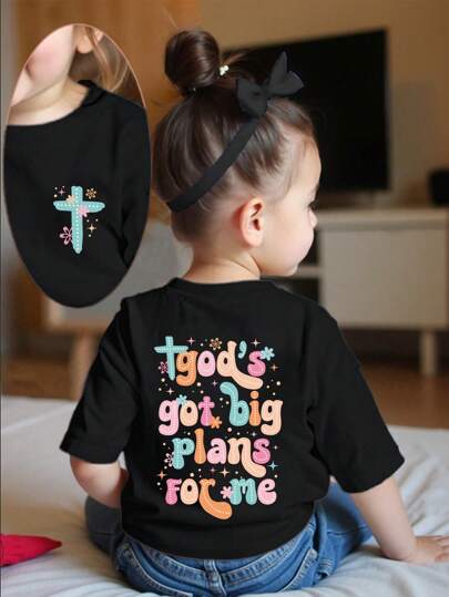 SHEIN Playful Pals Baby Girls Casual Comfortable Fashion Colorful Letter, Flower & Star Graphic Short Sleeve T-Shirt, Spring/Summer