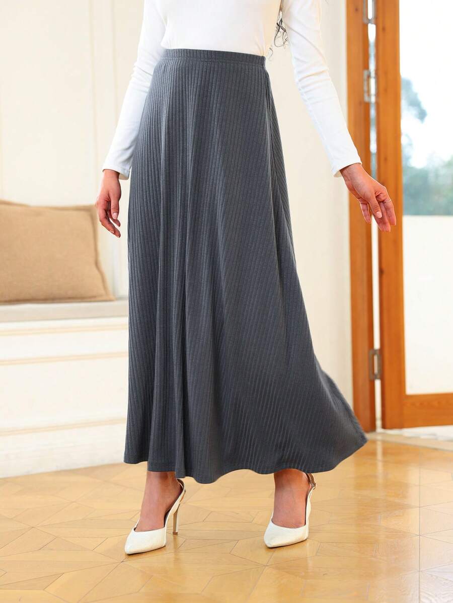 SHEIN Clasi Simple Solid Color Oversized Swing Ribbed Knit Grey Maxi Skirt, Casual & Fashionable For Everyday Wear Fall Cloth For Women - Dark Grey - View 1