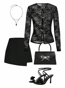 Ellevyn Blusa negra de manga larga con lazo y decoración de diamantes, elegante para uso diario y citas