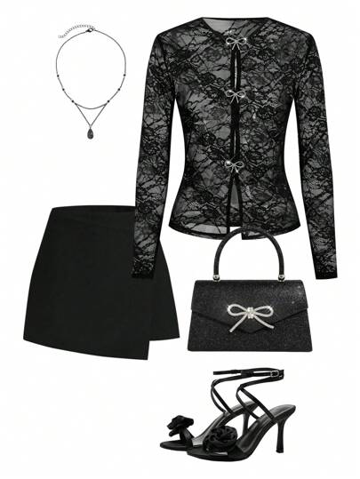 Ellevyn 女士优雅钻石装饰蝴蝶结蕾丝黑色长袖衬衫，适合日常场合和约会