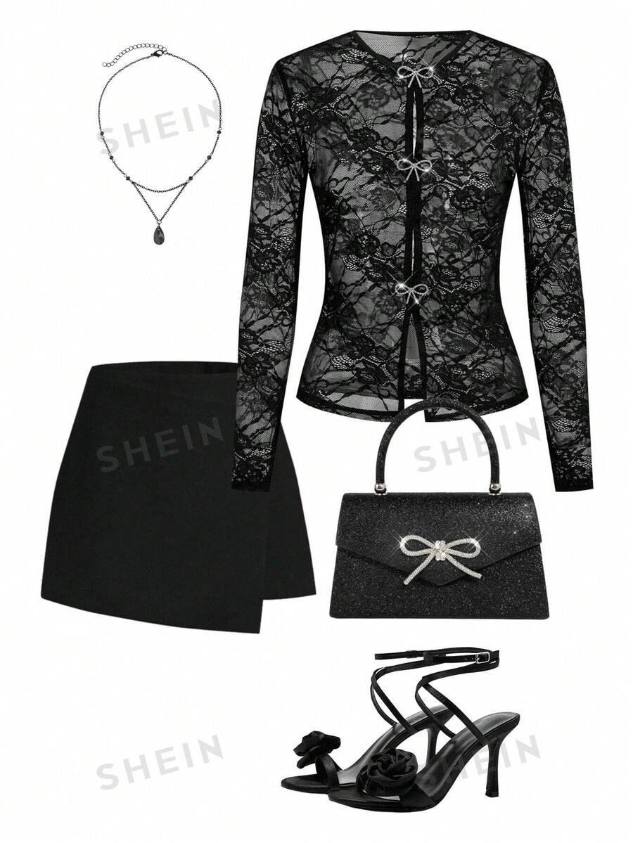 Ellevyn Blusa negra de manga larga con lazo y decoración de diamantes, elegante para uso diario y citas