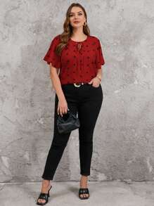 Reflora Plus Size Ruffle Heart Decor Summer Shirts, Casual And Fashionable For Daily Wear - Burgundy - View 4