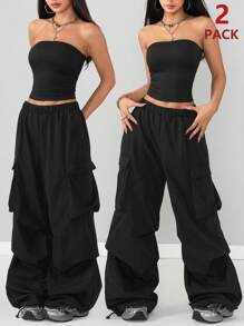 Coolane Women's Spring/Summer Going Out Concert Game Day Off The Shoulder Tube Top And Cargo Parachute Pants - Black - View 1