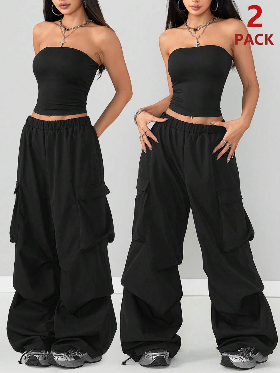 Coolane Women's Spring/Summer Going Out Concert Game Day Off The Shoulder Tube Top And Cargo Parachute Pants - Black - View 1