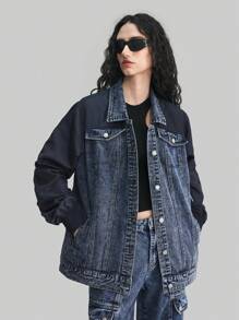 Ontre 女士前扣口袋休闲牛仔夹克，日常穿着西部牛仔女装 - 藍色 - 查看 3