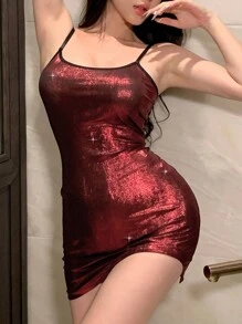 DAZY 亮面偏光面料修身迷你不对称下摆吊带性感睡裙红色女式连衣裙圣诞内衣 - 紅色 - 查看 3