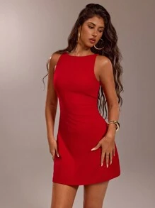 SHEIN Forever 21 女士纯色圆领无袖简约修身休闲短款连衣裙 - 紅色 - 查看 5
