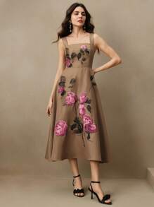 Anewsta Vestido sin mangas con estampado floral 3D en relieve de estilo de vacaciones, vestido floral de mujer para primavera/verano
