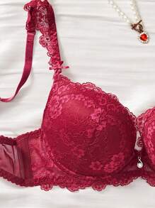 1 件女士蕾丝花朵舒适厚杯性感聚拢支撑钢圈文胸，1 件内衣 - 酒紅色 - 查看 4