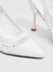 CUCCOO SZL 尖头高跟鞋时尚白色花式婚礼派对百搭防滑鞋底设计带有白色珍珠花装饰女士高跟鞋