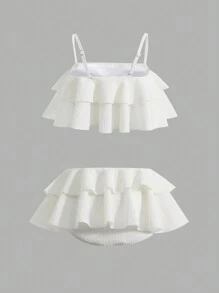 SHEIN Tween Girls Textured Multi-Layer Ruffle Trim Cami Bikini Set, Bikini Set Skirt Summer Beach, Beach Vacation Wear - Beige - View 4