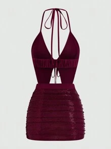 Flirla 大码亮片露背吊带背心上衣和高腰褶皱紧身裙 2 件套，性感夜店派对必备 - 酒紅色 - 查看 2