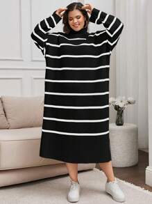 EURMUSE Striped Drop Shoulder Sweater Dress Simple Practical Multifunctional