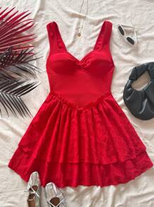 Soleia 浪漫露肩分层迷你连衣裙，适合节日、圣诞节、情人节、约会 - 红色套装 - 紅色 - 查看 5