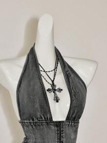 SHEIN ICON 女式深 V 领不对称下摆 Y2K 黑色性感吊带牛仔上衣 - 黑色 - 查看 13
