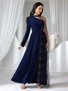 Coutiva Women New Special Patchwork Long Sleeve Formal Evening Gown, Wedding Guest Dress, Party Dress, Prom Dress