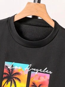 2pcs/Set Tween Boys Beach Holiday West Coast Graphic Print Round Neck Short Sleeve T-Shirt And Drawstring Sports Shorts, Spring/Summer