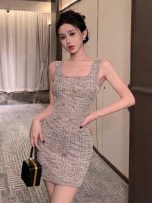 DAZY Plaid Sleeveless Midi Dress For Wedding Party Prom Dress Elegant Vacation - Black - View 9