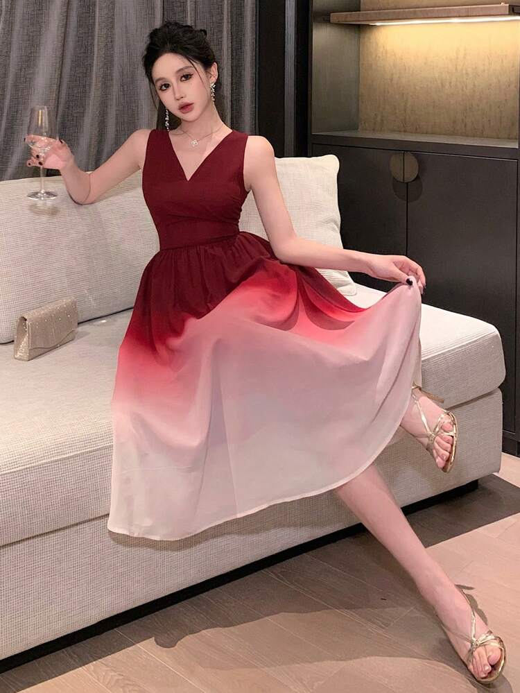SHEIN X Hannahelzahed V-Neck Sleeveless Ombre Color Midi Dress For Women Prom Dress Sundress,New Year Elegant Women Dresses