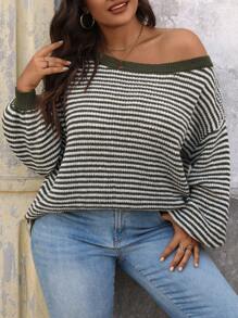 SHEIN LUNE 大码女式露肩横条纹单肩套头衫商务休闲女士、度假装、乡村上衣