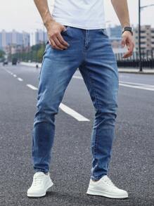 Manfinity Homme Men's Pockets Skinny Casual Versatile Jeans - Medium Wash - View 6