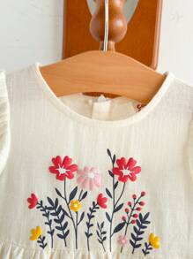 Cozy Pixies Baby Girl Plant & Floral Pattern Round Neck Sleeveless Waist Cinching Dress - Beige - View 8