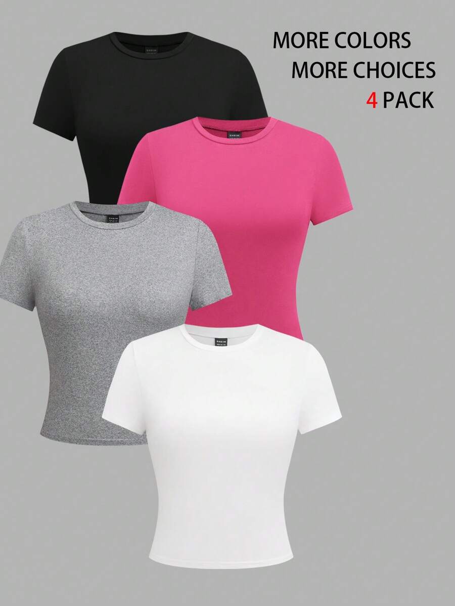 SHEIN LUNE 4 件装女士纯色圆领短袖贴身汗衫 - 彩色 - 查看 1