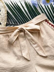 SHEIN Unity 女士花卉边饰系带蝴蝶结腰短裤，卡其色