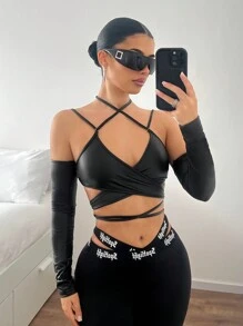 SHEIN ICON 女士合身交叉系带前袖可拆卸上衣