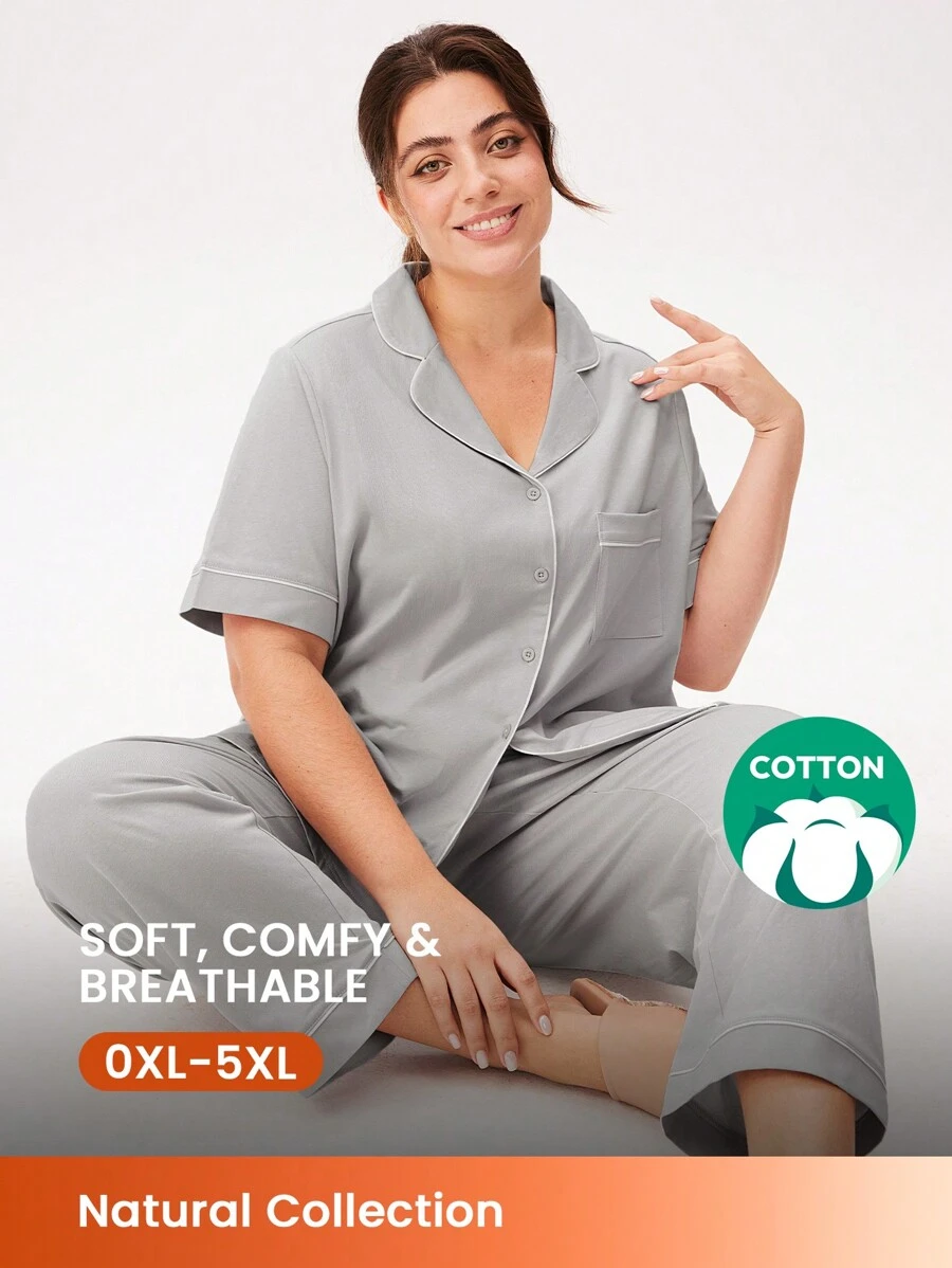 LUVLETTE Women's Plus-Size Grey Soft 100% Pure Cotton Basic Button-Up Top & Pants Loungewear Pajama Set Pants With Pockets Lounge Sets For Women,Spring And Summer - Light Grey - View 1