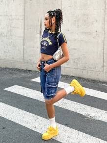 SHEIN Teen Girls Y2K Pocket Design Spring And Summer Low Rised Five-Point Elasticity Solid Color Cycling Casual Denim Jeans Shorts - Dark Wash - View 4