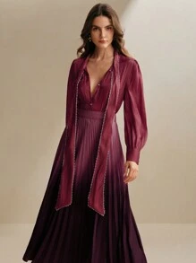 Anewsta Áo sơ mi dài tay rộng rãi thắt nút ngọc trai màu mơ cho nữ - Đỏ - Xem 4