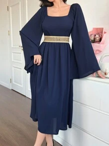 DAZY Vestido de mujer de cuello cuadrado de unicolor con empalme de manga larga, elegante y sencillo de largo medio, vestido de fiesta, vestidos formales de mujer, vestido de otoño para carnaval