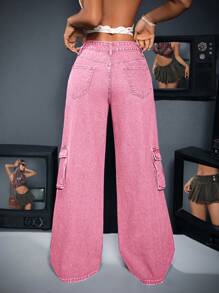 SHEIN ICON 女式前扣口袋五角星磨边下摆休闲牛仔裤 - 粉色 - 查看 5