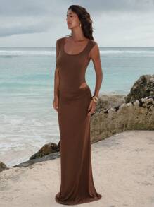 Opulessa 2pcs/Set Women Solid Turtleneck Bodysuit & Floor-Length High-Waist Skirt - Brown - View 5