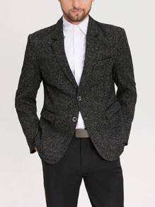 Manfinity Mode 男式前扣长袖口袋简约休闲西装外套 - 黑色 - 查看 1