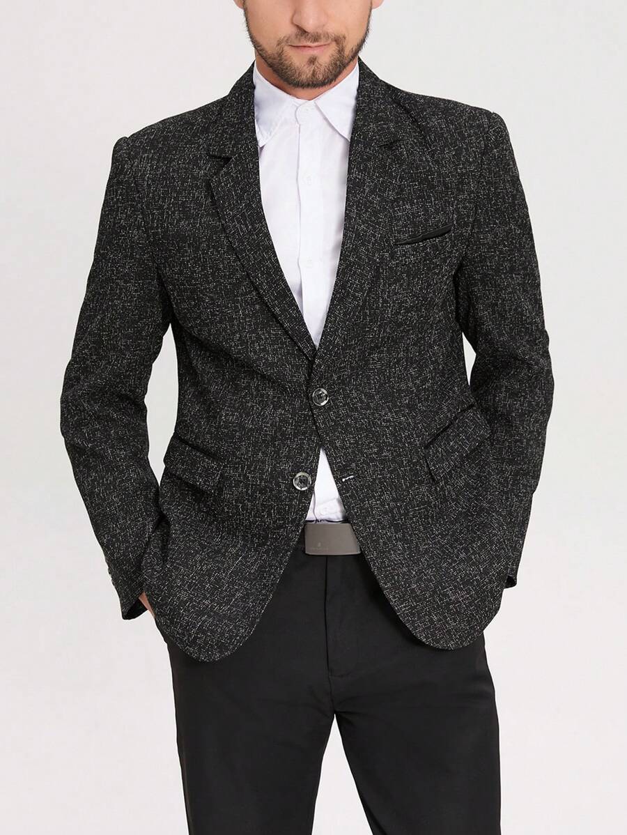 Manfinity Mode 男式前扣长袖口袋简约休闲西装外套 - 黑色 - 查看 1